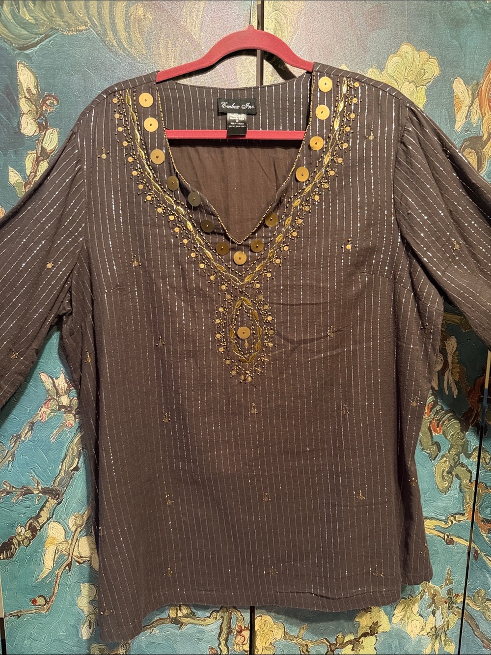 Embroidered V-Neck Tunic Top - Brown with Gold Accents